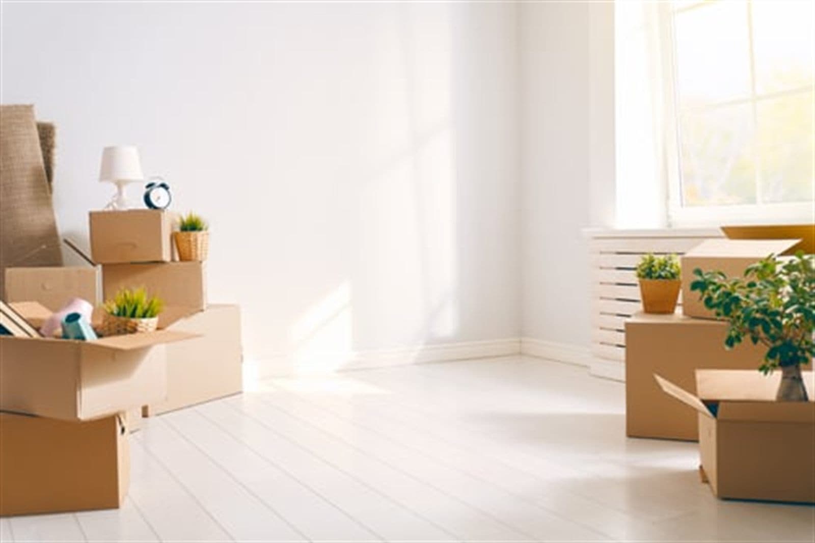 Bright, freshly emptied room with moving boxes at the end of a residential move
