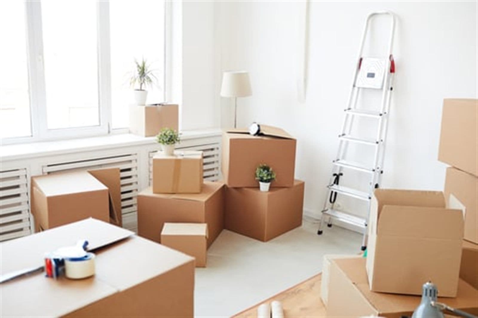 Packing tape, a ladder and labeled moving boxes staged in a bright room during packing